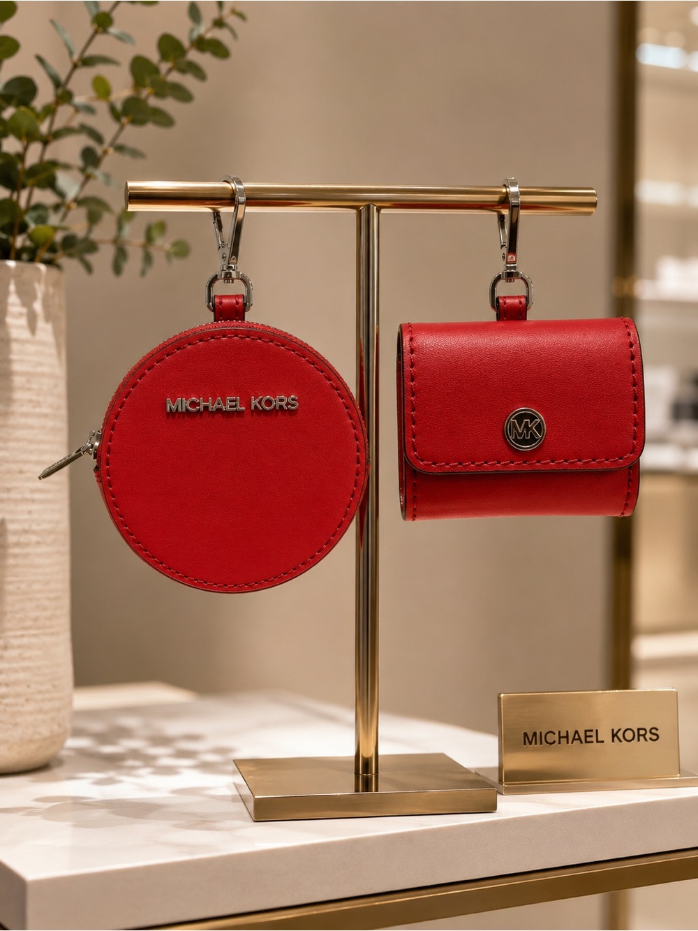 Michael Kors Red Leather Round Coin Pouch and AirPod Holder - NWOT